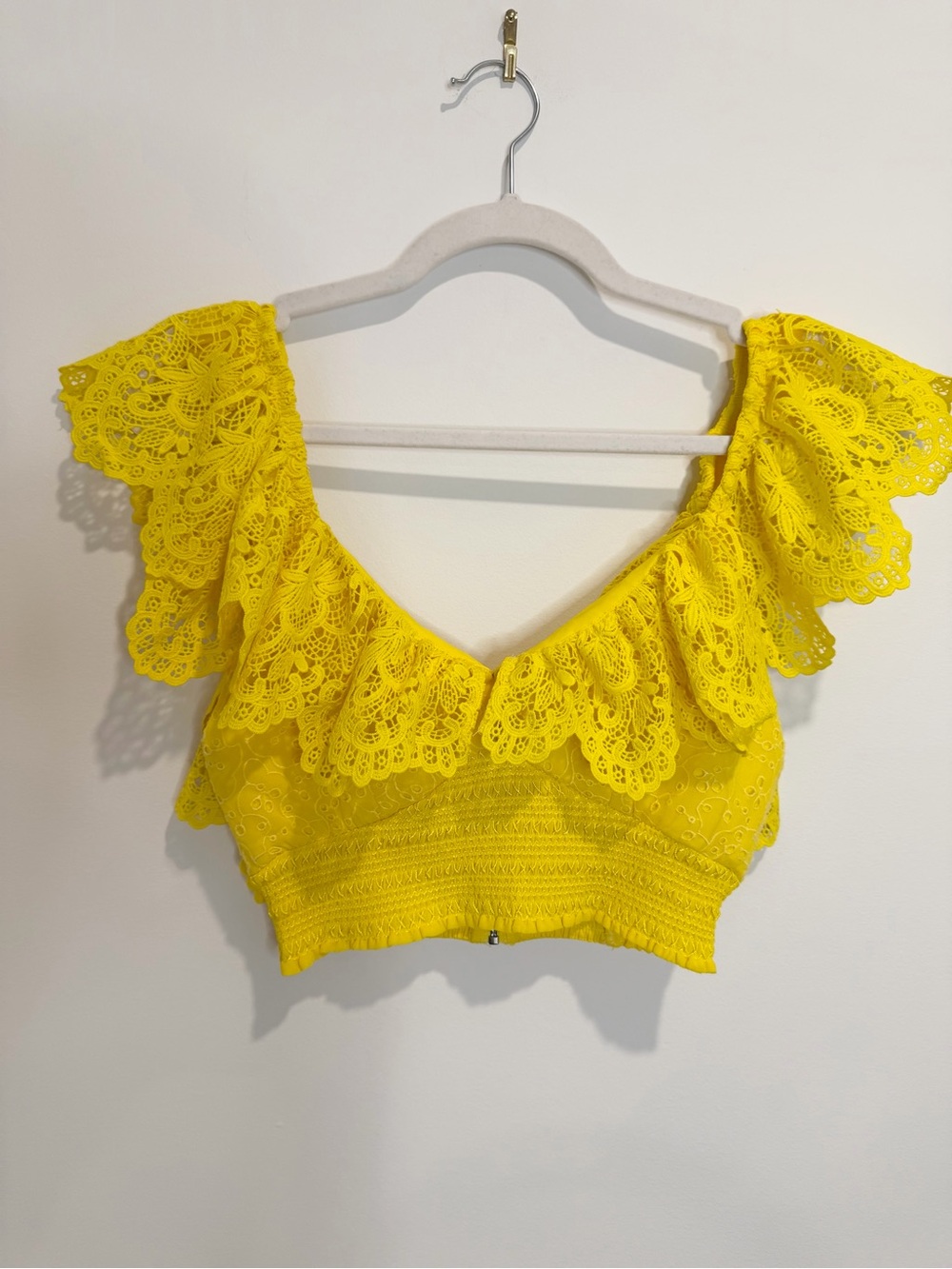 Alice and Olivia: Yellow Lace Ruffle Crop Top